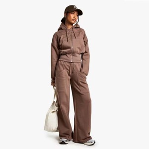 Alta demanda Mocha 2 piezas mujeres Deep Hem Hoodie & Straight Leg Jogger Set transpirable pantalones de chándal de longitud completa conjunto de chándal de mujer - Product Image 1