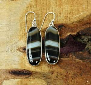 Boucles d'oreilles en argent sterling 925 avec pierre précieuse ovale longue en agate noire, bijoux faits à la main, cadeau de mode pour femmes - Product Image 6