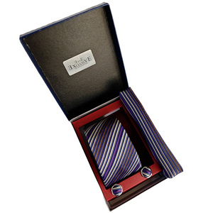 <b>Navy</b> Lilac Brown Striped Jacquard Woven <b>Tie</b> Pocket Square Cufflink Set in Gift PU Leather Box for Groom Wear - Product Image 2