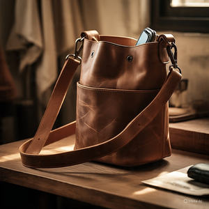 Sac à bandoulière minimaliste en cuir véritable de style vintage pour femme Sac seau durable et polyvalent avec fermeture à glissière avec chaînes et boutons - Product Image 2