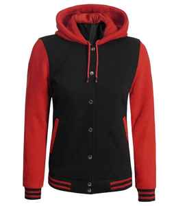 Venta al por mayor Precio barato Rojo Negro Color Clásico Cuello con capucha Letterman Béisbol Collage Botón Cierre Streetwear Varsity Chaquetas - Product Image 1