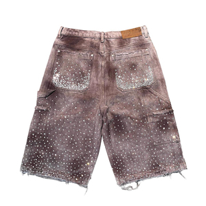 Pantalones cortos de mezclilla lavados raglán desgastados con diseño de detalle de cristal a la moda para hombre Bermudas largas holgadas 2025 - Product Image 3