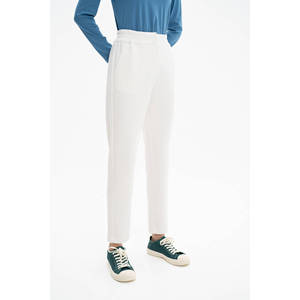 White High-<b>Waist</b> Wide Leg Knitted <b>Trousers</b> with <b>Elastic</b> Waistband - Product Image 4