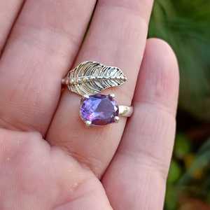 Anillo de Plata de Ley 925 con Amatista, Hecho a Mano, Ovalado, Amatista Morada, Joyería con Hoja de Promesa, Regalo de Piedra de Nacimiento de Febrero con Topacio - Product Image 3