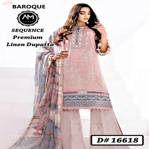 Réplica de diseñadores paquistaníes, trajes de mujer de 3 piezas de lino, estampado Digital, bordado de cuello, múltiples marcas, indio pakistaní - Product Image 5