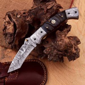 Couteau de poche pliant damas de haute qualité rasoir tranchant avec gaine en cuir de corne de bélier OEM personnalisable - Product Image 5