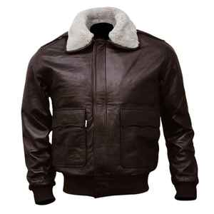 Chaqueta de cuero de bombardero para hombre, abrigo de cuero negro y marrón para hombre con abrigo largo de cuello de piel real para chaquetas unisex - Product Image 1