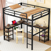 Lit mezzanine en métal noir avec bureau et étagères de rangement Lit superposé en forme de L pour enfants, adultes, dortoirs scolaires et appartements