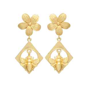 Gold Plated Beautiful Classic Design Unique Design Earring Set with Flower and <b>Bee</b> Design Dangle Earrings - Product Image 1