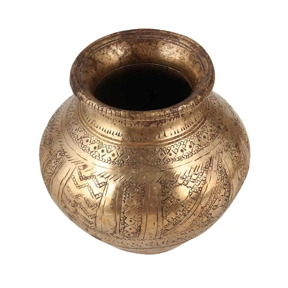 Buatan tangan tradisional emas ukiran kuningan Lota atau Pot air untuk penyimpanan Pot bunga dekorasi rumah hadiah barang SNF-644
