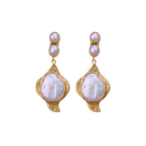 Three Stone Designer <b>Studs</b> <b>Earrings</b> with White Freshwater Pearl Uneven round Shape Collet <b>Set</b> Fancy Stylish Jewelry - Product Image 1