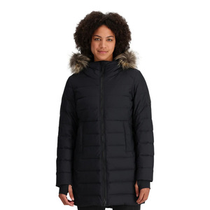 Women's Long <b>Quilted</b> Winter Jacket With Fur Trim Hood Black Full Sleeve Polyester <b>Wadding</b> Zipper Closure - Product Image 1