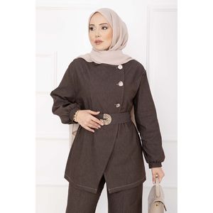 Traje de Mezclilla Premium con Botones Dorados y Cinturón en Color Café con Estampado Vintage, Manga Corta, Estilo Sexy para Primavera/Verano - Product Image 2