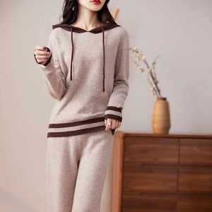 Otoño/Invierno nuevo 100% Sudadera con capucha de Cachemira pura de dos piezas para mujer suéter de manga larga de punto con capucha pantalones de pierna ancha de lana SuitFall/Winte - Product Image 5