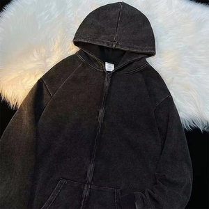 Sweat à capuche zippé vintage personnalisé pour hommes, sweats coupés et cousus, sweat à capuche zippé vintage délavé à l'acide, bords coupés, ourlet brut, sweat à capuche vintage noir - Product Image 3