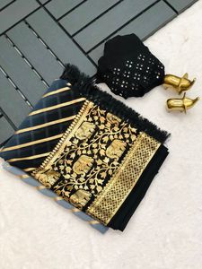 Sari étnico de seda pura con relleno ligero de Georgette y estampado de elefante de lámina dorada para ropa de fiesta para adultos - Product Image 5