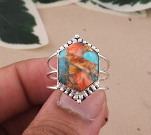 Boho hexagone bague Turquoise et huître épineuse 925 bague en argent Sterling déclaration à la main bijoux en argent cadeau pour elle - Product Image 3