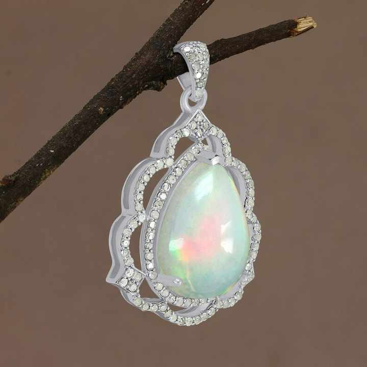 Pendentif En Argent 925 Avec Opale De Feu Naturelle D'Éthiopie - Multicolore, Forme Goutte