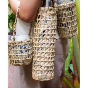Portador de bebidas de mimbre vietnamita reutilizable ecológico portátil, jacinto de agua Natural, portavasos de ratán, bolsa con patrón de vacaciones - Product Image 1