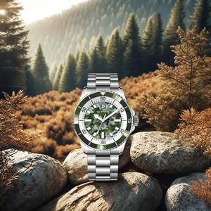 Montre-bracelet à cadran camouflage fabriquée en acier de qualité chirurgicale et mouvement d'inspiration suisse - Product Image 1