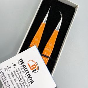 Best Selling Custom Logo Stainless Steel <b>Eyelash</b> Extension Tweezers Sustainable Eco-Friendly Orange Coated Pointed Tip - Product Image 6