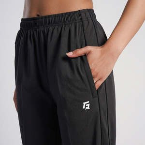 Pantalon décontracté taille mi-haute à jambe large, fermeture élastique, en tissu éponge respirant, style cargo, effet froissé, couleur noire, pour l'automne - Product Image 4