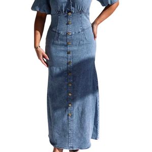 2024 manches courtes taille haute bouton côté une ligne manches longues bouffantes solide longue chemise en jean robes femmes chemise en jean robes - Product Image 1