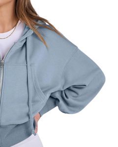 Sudadera con Capucha Corta para Mujer, Azul, Corte Holgado, Manga Larga, con Cordón, Informal, para Uso Diario - Product Image 2
