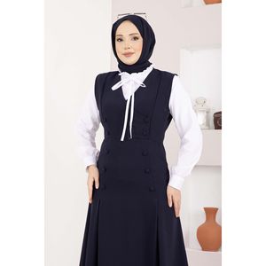 Conjunto de Dos Piezas en Crepé Azul Marino Elegante: Camisa y Chaleco con Botones y Decoración de Logotipo, Conjunto Formal de Top Corto - Product Image 2