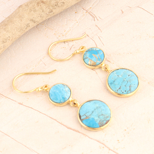 Boucles d'oreilles élégantes à Double pierre, rondes, bleu ciel, cuivre, Turquoise, crochet de suspension, ensemble de lunette plaquée or 24k, boucles d'oreilles pendantes - Product Image 1