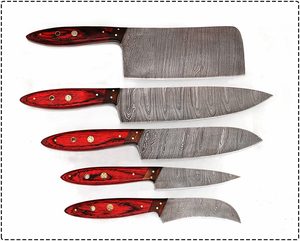 Juego de cuchillos de chef de cocina con hoja de acero de Damasco de 5 piezas OEM personalizable con alfiler de mosaico de madera Pakka bolsa de transporte de cuero - Product Image 3
