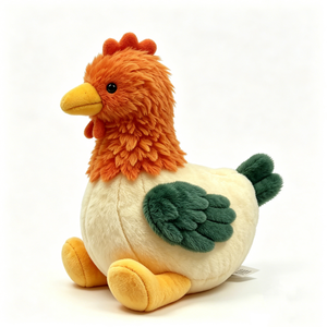 Cabeza con plumas naranjas, cuerpo color crema, alas de plumas verde oscuro, pico y patas amarillos, peluche de textura esponjosa, asiento redondo y regordete. - Product Image 5