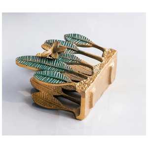 Porta Servilletas de Lujo con Acabado en Latón, Diseño de Hojas y Flores Verdes, Accesorio Decorativo para Mesa, Estilo Villa India - Product Image 4