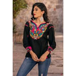 Blusa Blanca Bordada con Flores para Mujer, Estilo Étnico Mexicano, Boho, Manga Larga, Algodón, para Venta al Por Mayor - Product Image 3