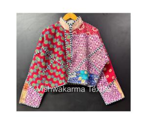 Vintage Handmade Kantha Short Reversible <b>Quilted</b> Cotton Autumn/Winter Jacket with Front Logo - Product Image 1