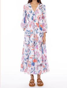 Women's <b>Chiffon</b> <b>Plus</b> <b>Size</b> Casual <b>Dresses</b> V-neck A-Line Long Floral Printed Maxi <b>Dress</b> Drawstring Waist Side Pockets Lined Button - Product Image 1