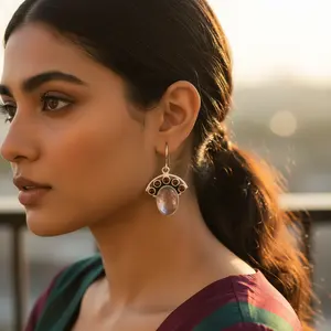 ต่างหูเงินแท้ 925 ประดับโรสควอตซ์และโกเมน สำหรับผู้หญิง ของขวัญเครื่องประดับสุดหรู - Product Image 1