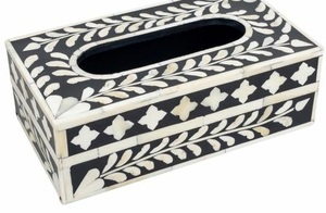 Organizador de caja de pañuelos con incrustaciones de hueso de primera calidad con patrón floral blanco, perfecto para regalar Baño de sala de dibujo y más espacios - Product Image 3