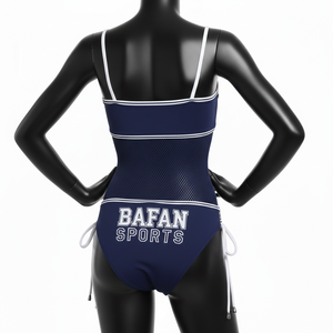 Conjunto de bikini premium de poliéster y spandex, tela elástica azul marino, paneles laterales de malla, diseño con cordones, logotipo con transferencia térmica, conjunto de bikini para mujer. - Product Image 3