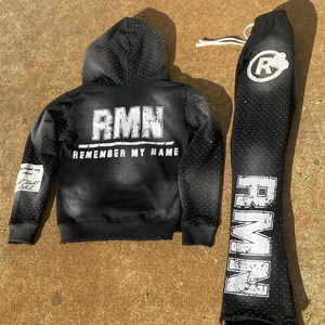 Ensemble de survêtement noir imprimé personnalisé sweat à capuche et pantalon de jogging pointillé fondu conception texte en gras logo unisexe tenue de sport 2 pièces - Product Image 2