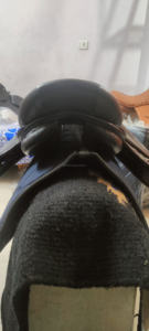 Silla de montar profesional de cuero estilo inglés para entrenamiento de caballos, con doble banda abdominal y estructura de madera, para resistencia. - Product Image 3