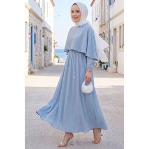 Robe d'été bleu ciel avec col cape, taille empire élastiquée, respirante, à volants floraux, modeste et durable, idéale pour les fêtes et les journées. - Product Image 1