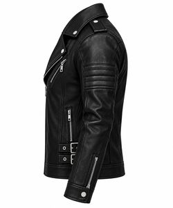 <b>Men's</b> Black Genuine Leather Moto <b>Jacket</b> With Zipper Closure And Adjustable Buckles Slim Fit <b>Biker</b> Style Autumn Wear - Product Image 3