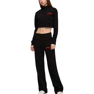 Venta caliente 100% algodón Crop Top Zip up Sweatsuit Set Loose Fit Stand Up Collar Light Crop HOODIE & Flare Jogger para mujeres - Product Image 1