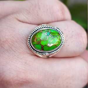 Handmade 925 Sterling <b>Silver</b> Boho <b>Ring</b> Green Copper Turquoise Women's <b>Statement</b> <b>Ring</b> in Platinum Gift for Her - Product Image 5