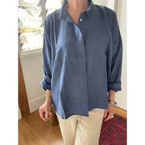 Camisa Oversize de Lino Azul Paloma Oscuro - Estilo Casual Occidental Bordado, Talla Única, Ajuste Holgado para Primavera, Verano y Otoño (Tallas XS-XL) - Product Image 6