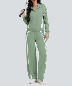 ชุดวอร์ม2ชิ้นสำหรับผู้หญิงชุดวิ่งออกกำลังกายแบบมีซิปและกางเกงวิ่งขากว้างลายสีตัดกันชุดวอร์มสำหรับเดินทาง - Product Image 4