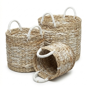 Juego de Cestas de Almacenamiento de Jacinto de Agua Tejidas a Mano Naturales con Asas Envolventes y Detalles Blancos, para Macetas, Lavandería y Decoración, Diseño de Arte Puro - Product Image 2