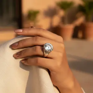 "Boho Romantic Rhodium-Plated Natural Stone Marquise Bezel-<b>Set</b> Statement <b>Ring</b> <b>for</b> <b>Women</b>" - Product Image 3