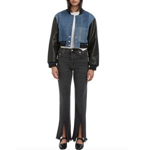 Street Wear Style <b>Denim</b> <b>Material</b> Made Women Crop Varsity Jacket Leather Sleeve Crop Varsity Jacket for Women OEM Serviced - Product Image 6